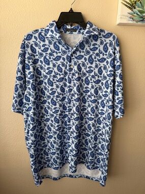 Turtleson Mens Large Blue Paisley Polo Golf Performance Stretch Embroidered